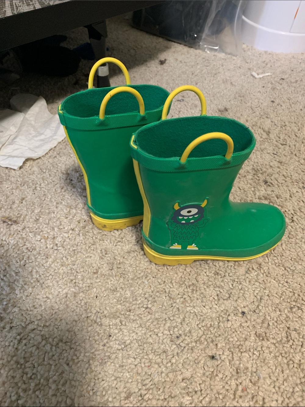 Kids Green Monster Rain Boots with Yellow Accents